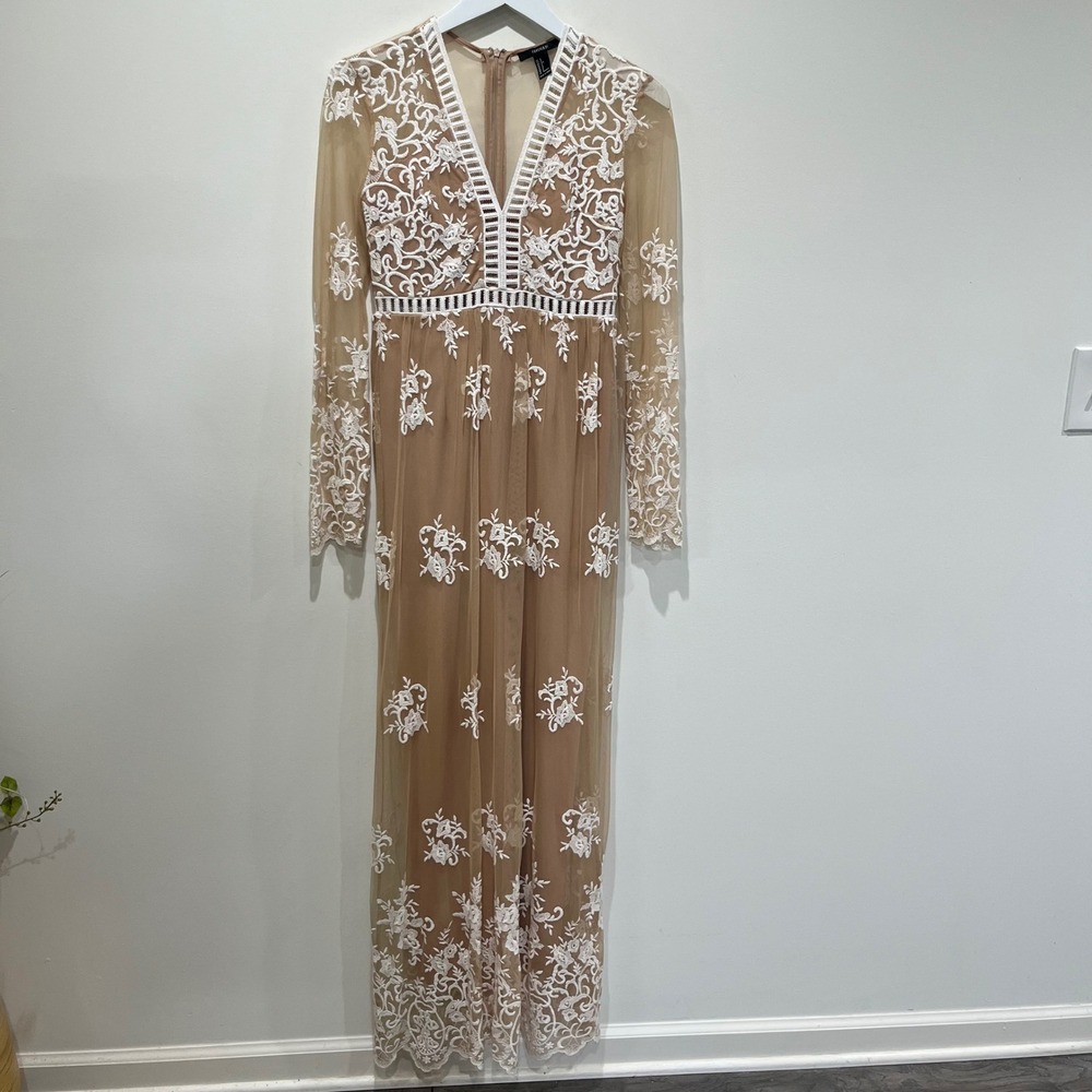 Womens Maxi Dress S Nude White Lace Long Sleeve VNeck Wedding Boho Fairy